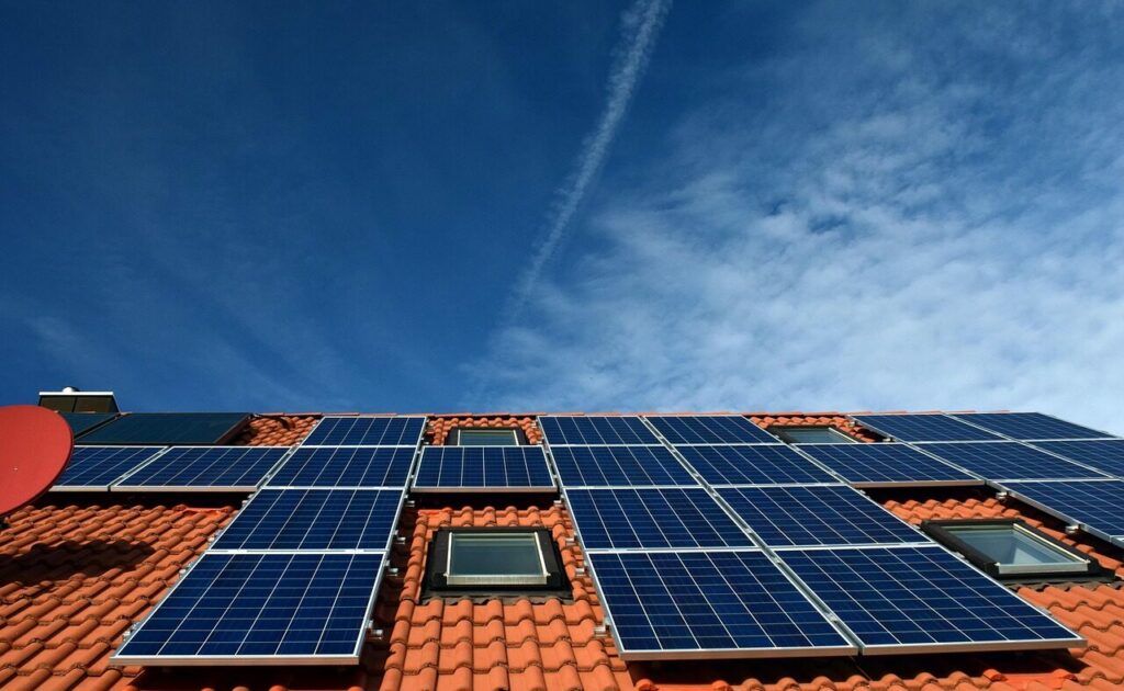 solar system, roof, power generation, solar power, solar cells, energy, electricity, house, solar energy, nature, solar panel, energy transition, blue, renewable, housetop, technology, environmentally friendly, electricity generation, heaven, clouds, sun, roof tiles, roof panels